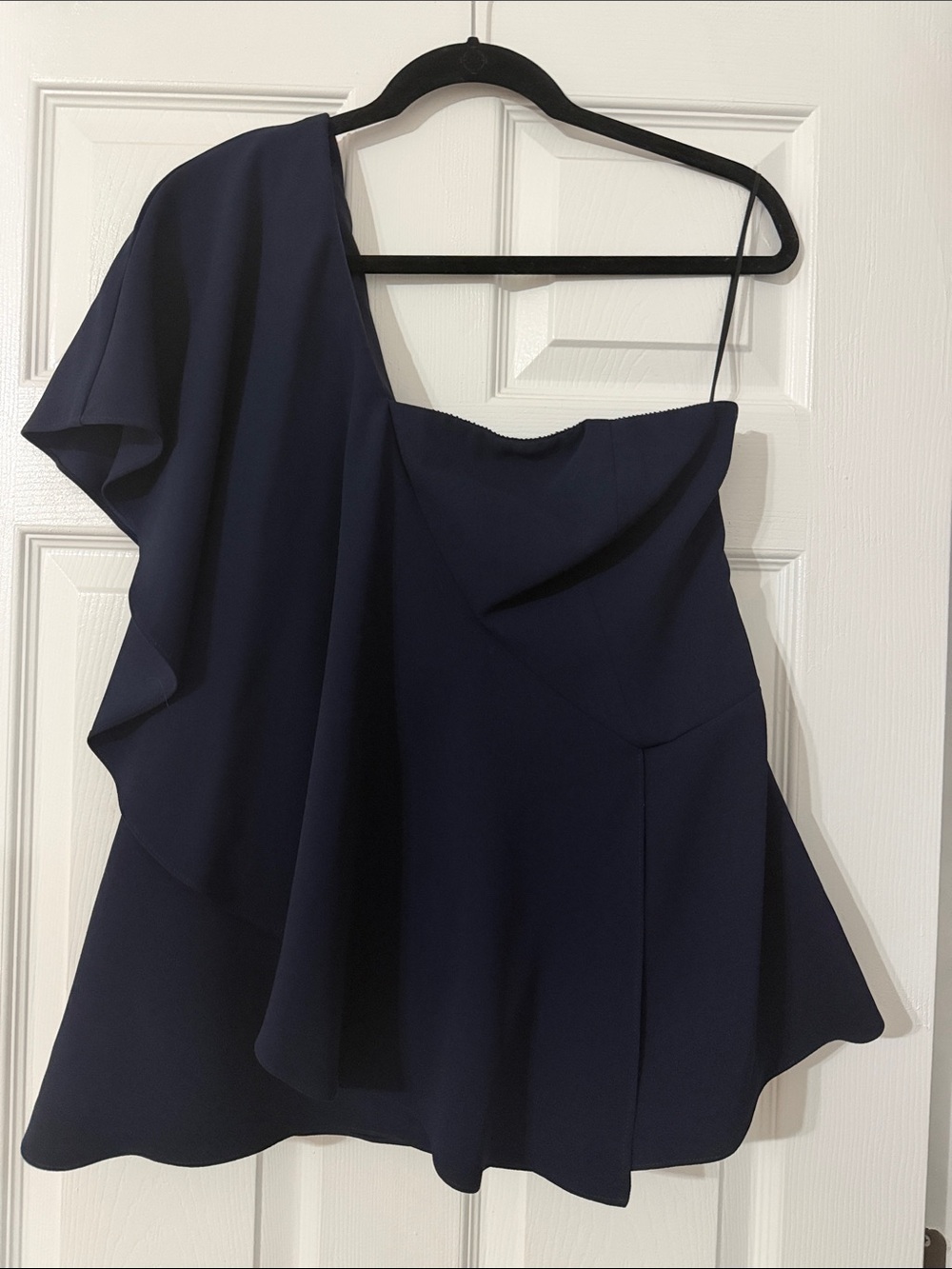 Trina Turk One-Shoulder Navy Ruffle Blouse